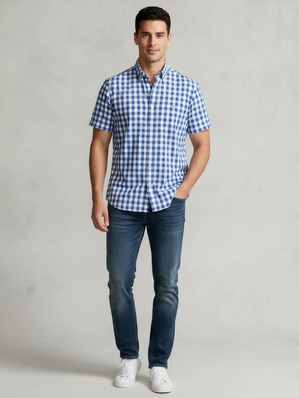 Ralph Lauren Classic Fit RL Untucked Blue and White Gingham Short Slv Shirt SZ L